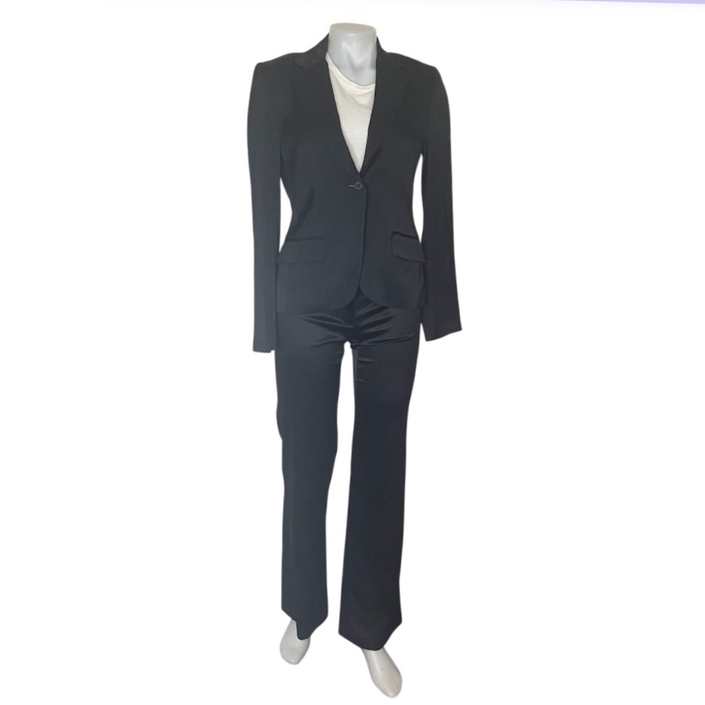 THEORY Black Pantsuit One Button Blazer Satin Finish Flared Womens Size 4
